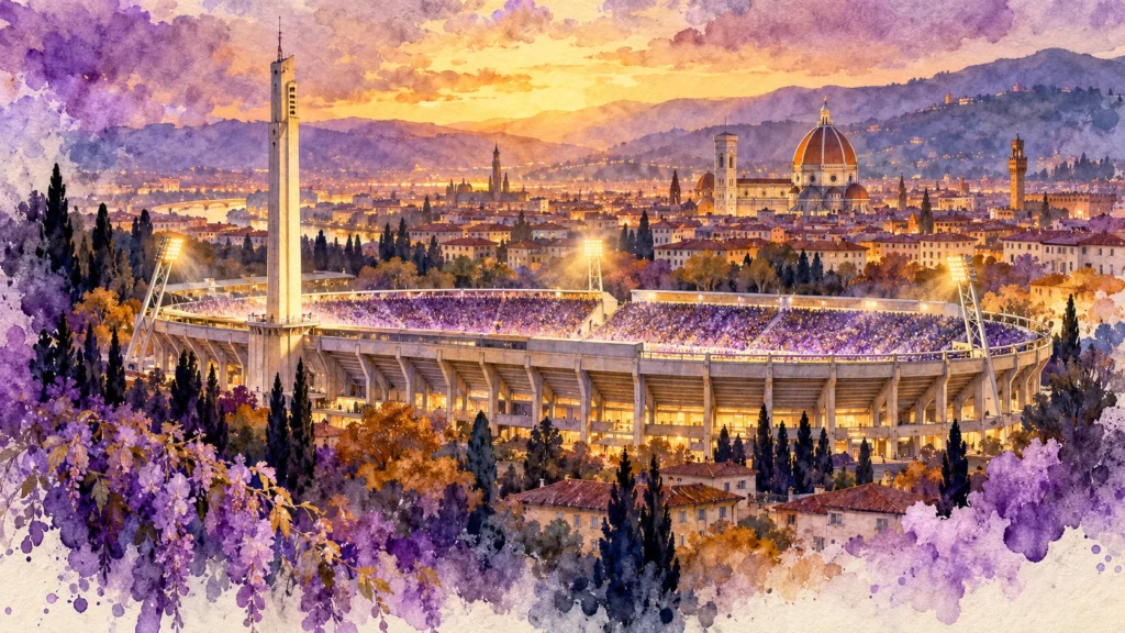 Akwarela stadionu Artemio Franchi z panoramą Florencji