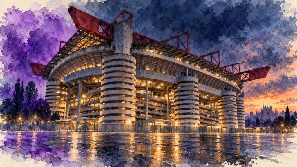 Akwarelowa ilustracja stadionu San Siro w odcieniach fioletu